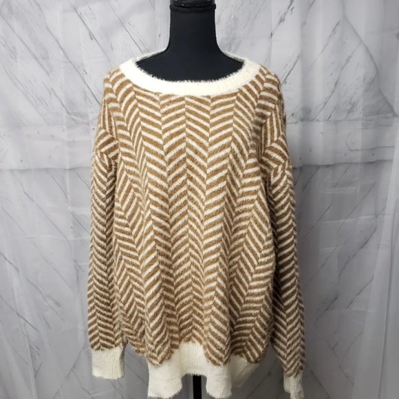 Chic Soul Sweaters - Chic Soul Brown Cream Chevron Pullover Fuzzy Wooly Sweater 2X